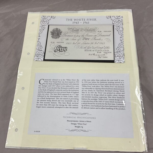 Rare 1945 Silver White Fiver banknote with serial number H26 06930.