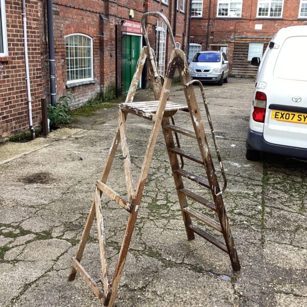 Vintage wooden step ladder in a garden setting.