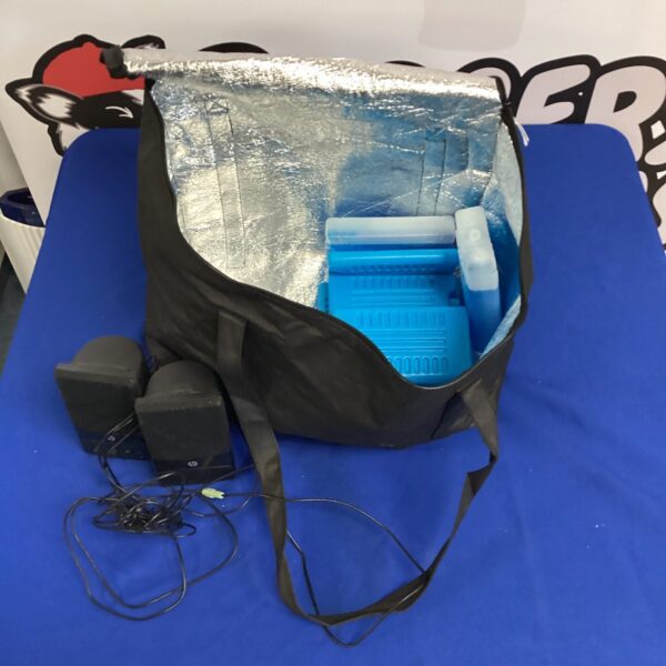 Silver cool bag with HP desktop speakers inside.