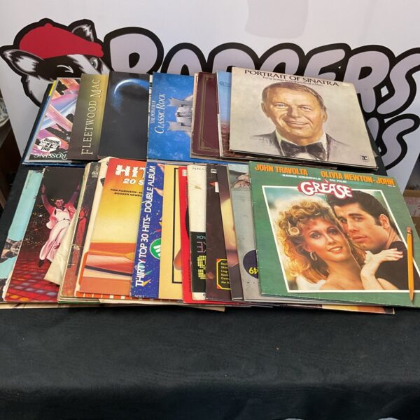 Vinyl record collection featuring Fleetwood Mac, Frank Sinatra, and Grease.