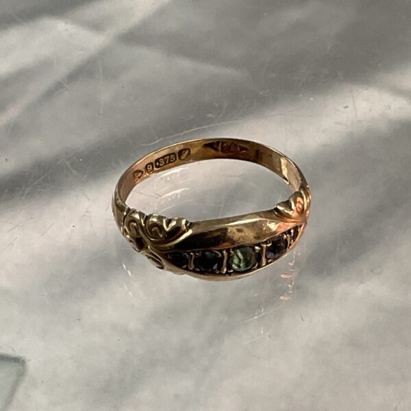 Vintage 9ct rose gold ring with amethyst and green stone, Chester hallmark.