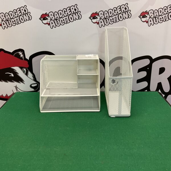 Silver metal desk organiser with tiered stationery storage.