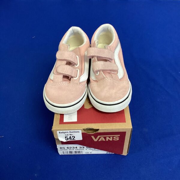 Pink toddler Vans shoes, size 8, showing wear.