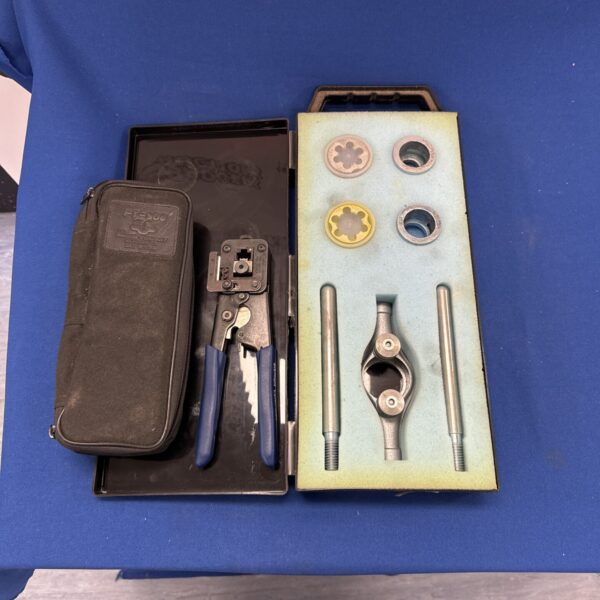 Vintage tap and die set with electric connector crimping tool.