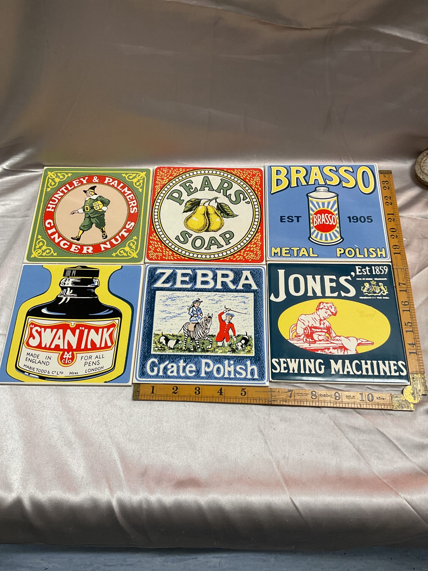 837 Six Pilkington Ceramic Advertising Tiles Pears Soap, Brasso, Swan ink ect