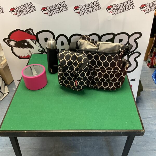 Patterned Skip Hoo travel bag set with flask and thermal pot.