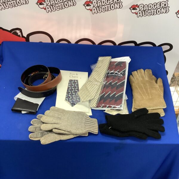 Men's accessories lot including gloves, belt and tie.