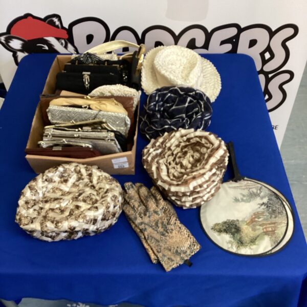 Vintage purse and hat lot with accessories, retro fashion collection.