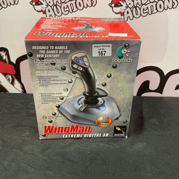 Vintage Logitech Wingman Digital 3D joystick for PC gaming.