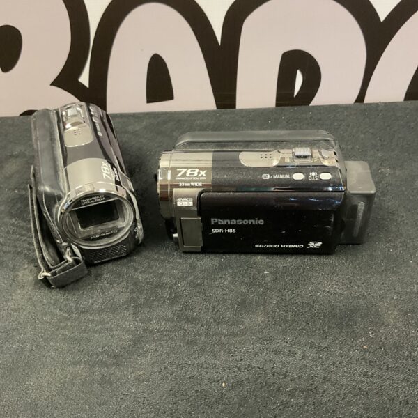 Panasonic SDR-H85 digital camcorder in grey, side view.