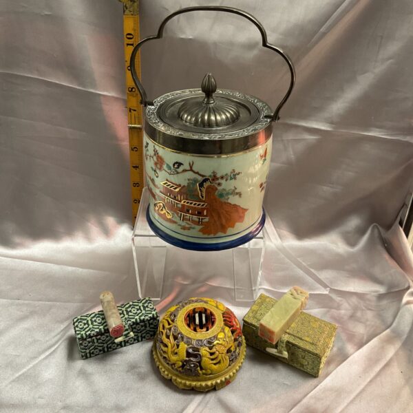 Antique Chinese tea caddy set with incense burner and wax seals.