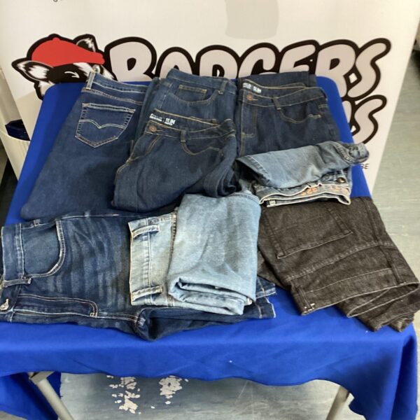 Blue denim jeans lot in sizes 32 and 34.