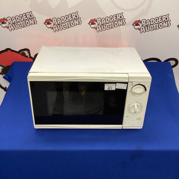 Front view of a used microwave oven, kitchen appliance.