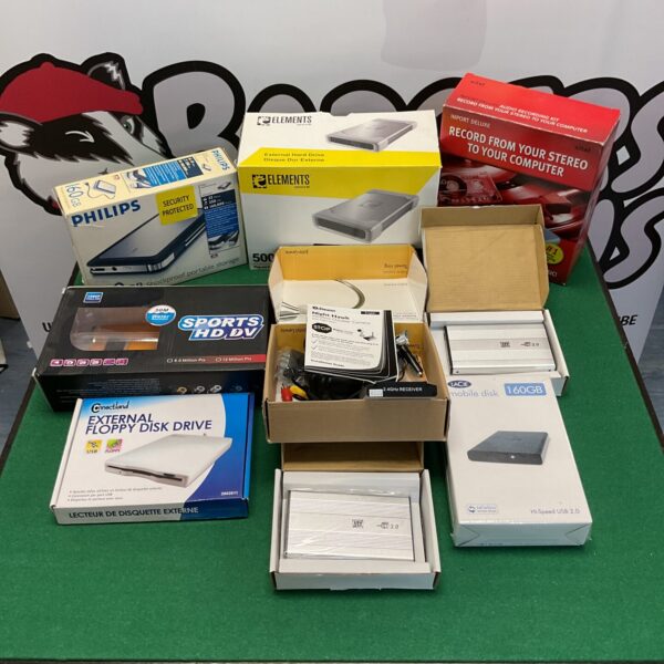 PC accessories lot including hard drive and camcorder.