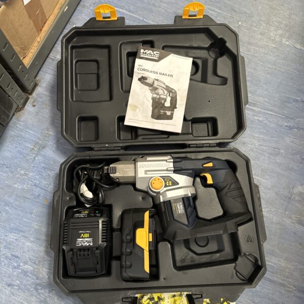Macallister cordless nailer in a carrying case, DIY power tool.