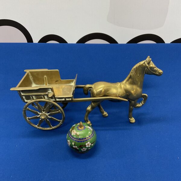 Vintage brass horse and cart with cloisonné pot.