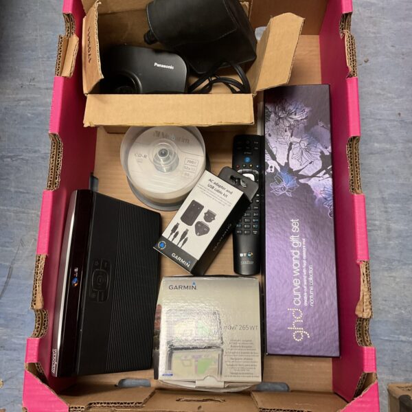 Mixed lot of household electricals including ghd, Garmin, and BT devices.