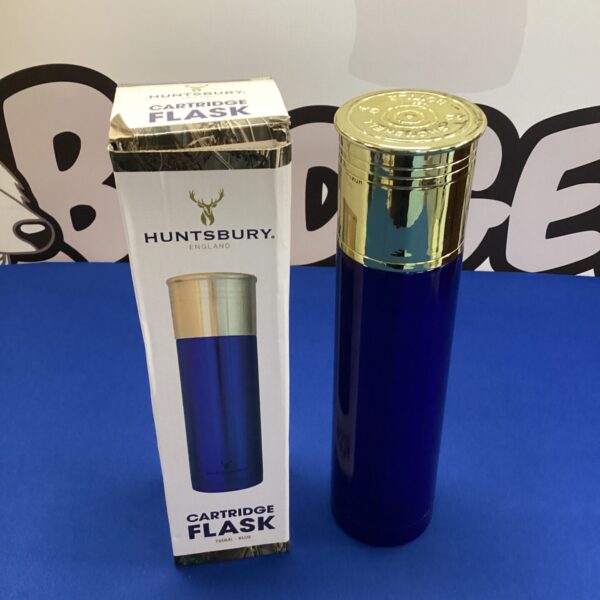 Vintage blue Huntsbury cartridge flask with pewter details.