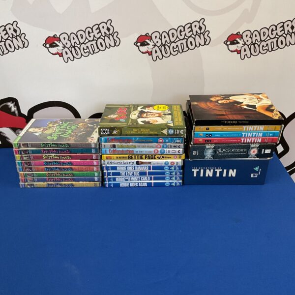 DVD collection featuring Spitting Image, Tin Tin, and Blackadder.