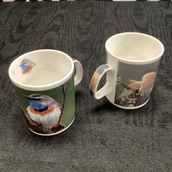 Detailed ceramic coffee cup featuring Jon Osteng’s warbler illustration.