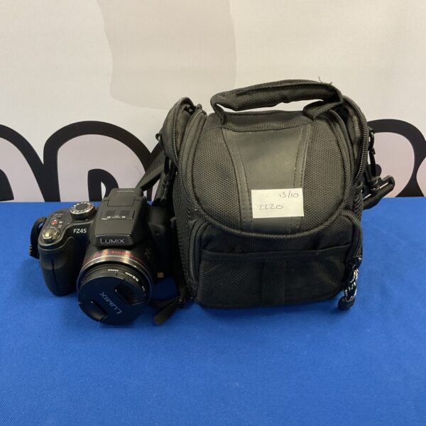 Panasonic Lumix FZ45 digital camera with protective case.