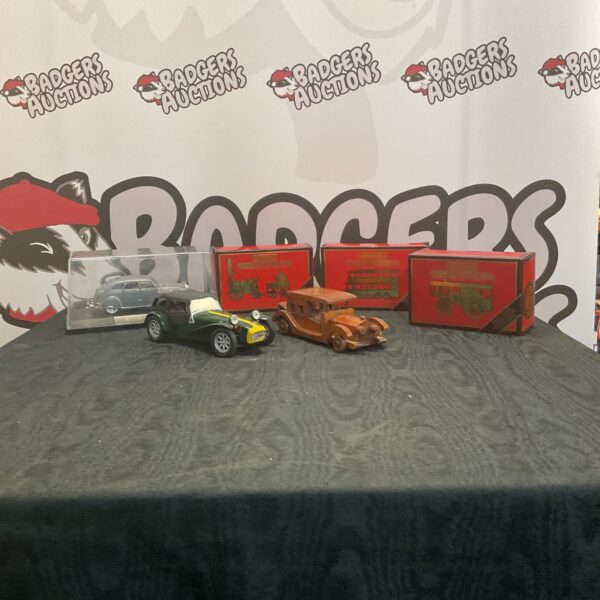 Box of mixed diecast models and wooden model including matchbox and anso