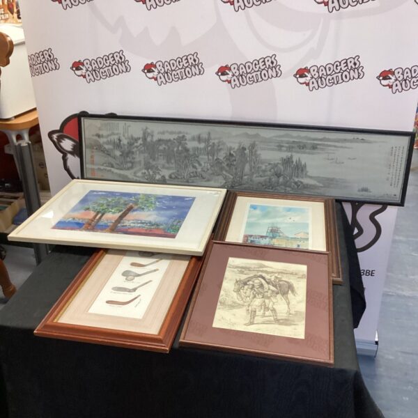 Collection of framed vintage artwork and watercolour paintings.