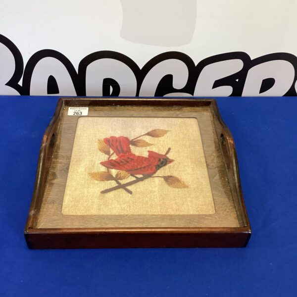 Vintage needlepoint tray with a floral design, decorative serving piece.