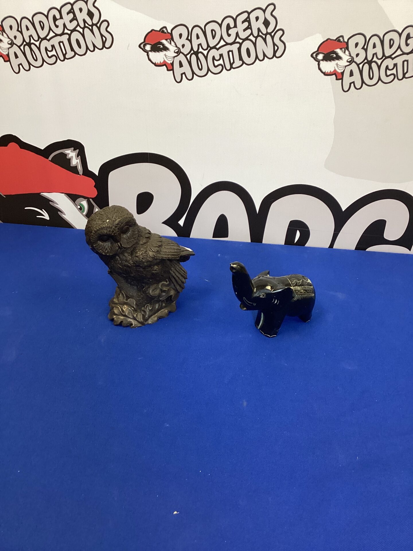 291 Owl and Elephant ceramic figures