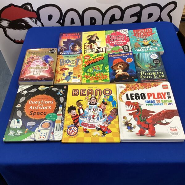 Collection of children's books including Paddington 2 and Lego play book.