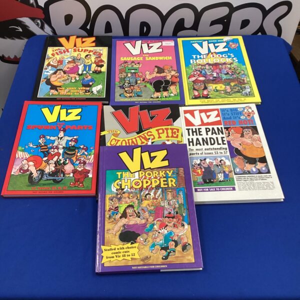 Collection of Viz annuals showcasing British comedy and satire.