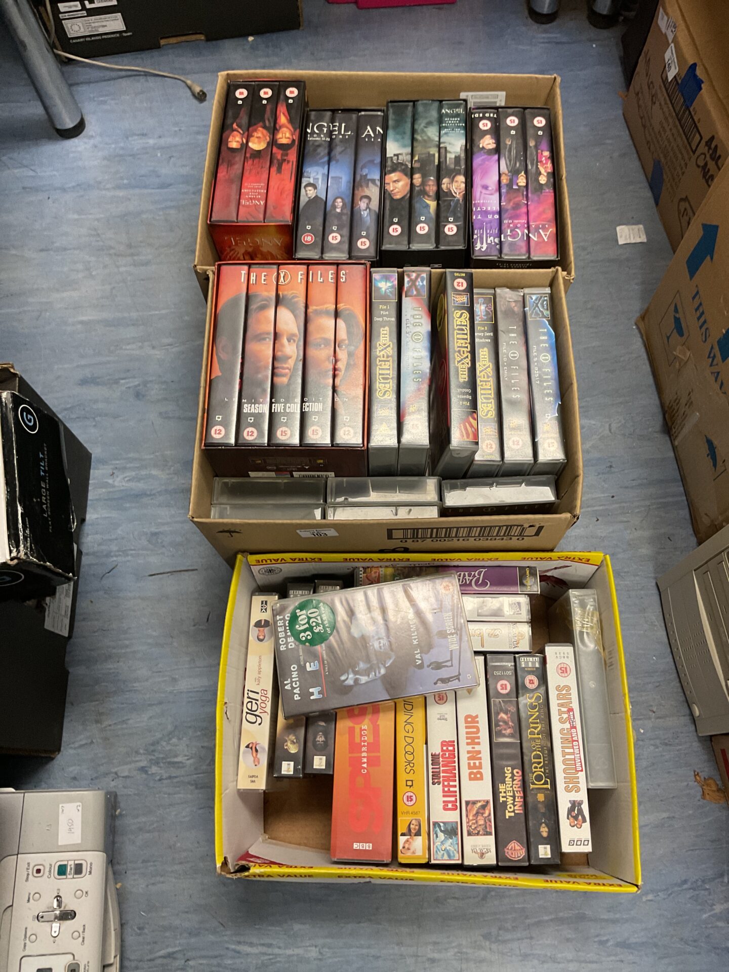 122 Three boxes vhs tapes including x files and buffy box sets