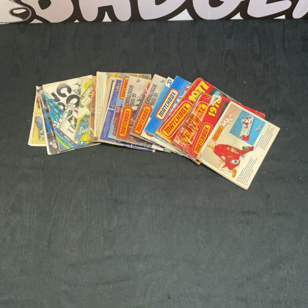 Vintage toy catalogues featuring Matchbox toys and collectible advertising.