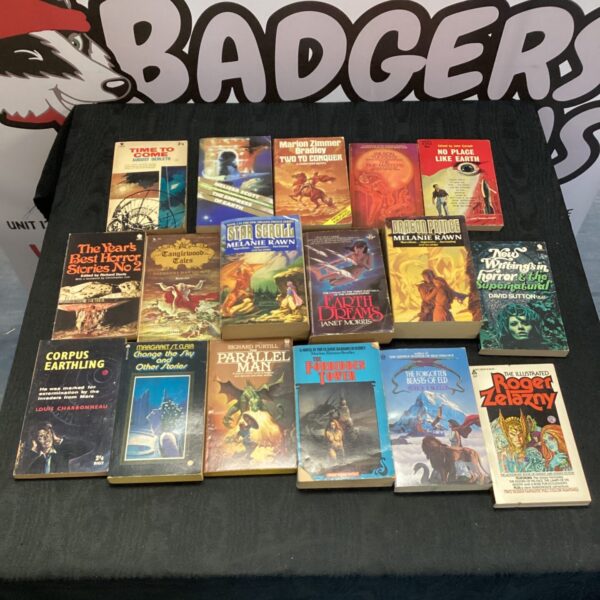 Lot of vintage science fiction and fantasy books from the 1980s.