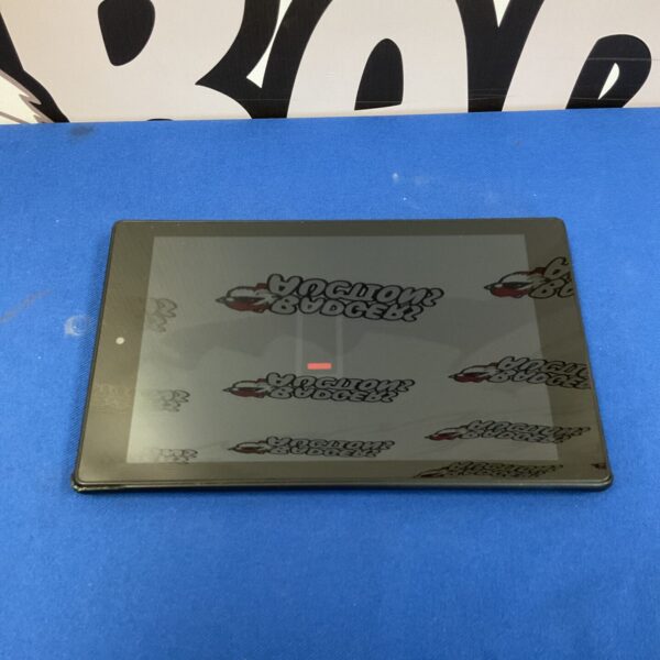 Black Amazon Fire tablet with protective case displayed.