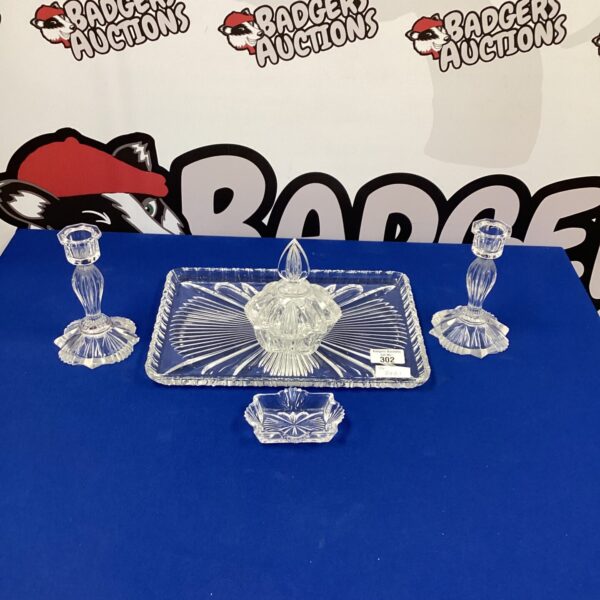 Vintage glass dressing table set with mirror and dish.