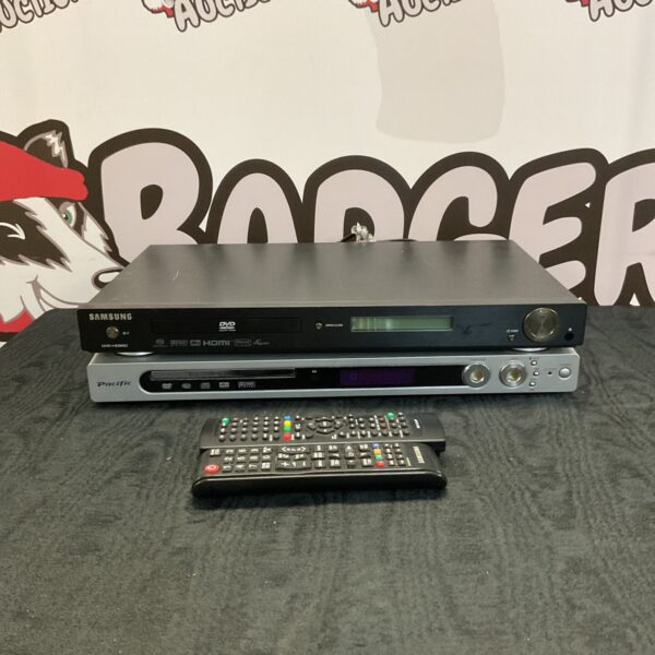 Samsung DVD-HD950 and Pacific DVD player with remotes for home cinema.