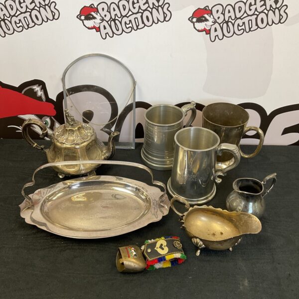 Vintage silver plate tray lot with teapot and tankard.
