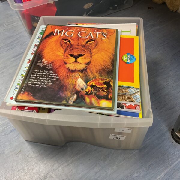 Clear plastic container filled with a mixed book lot.