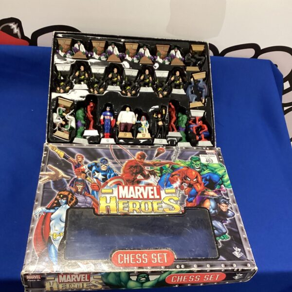 Marvel Heroes chess set in its original box, collectible superhero chess.