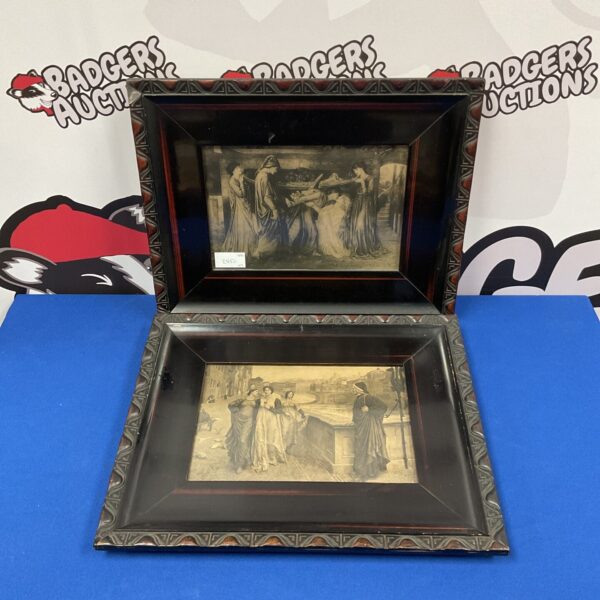 Antique pair of framed classical lithographs with ornate gilded frames.