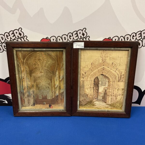 Antique pair of hand-coloured cathedral prints, vintage wall art.