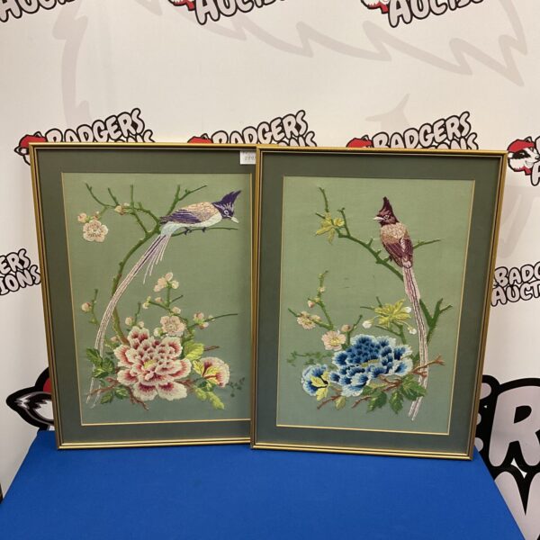 Vintage pair of bird of paradise embroidery wall art.