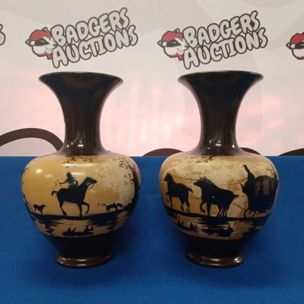 Pair of vintage English coaching vases with equestrian scenes.