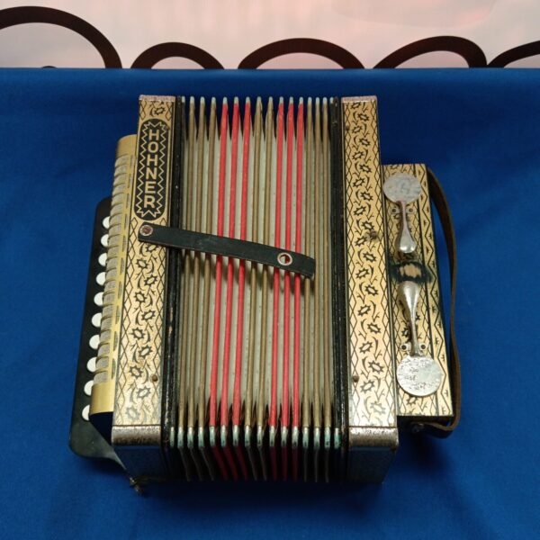 Vintage Hohner accordion with patterned body and button keyboard.