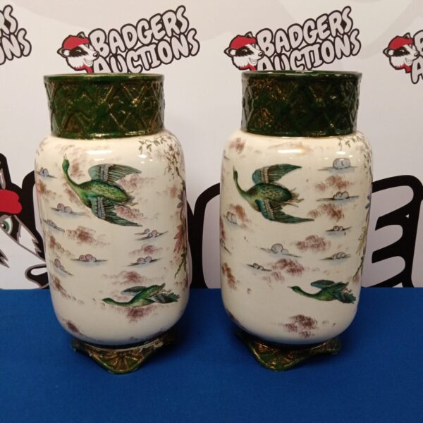 Antique Moore & Co duck vases, floral pattern, collectible ceramics.