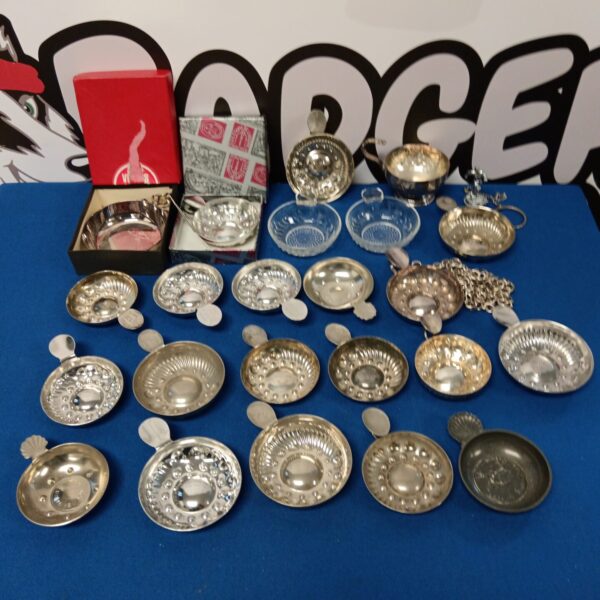 Collection of antique silver plate and pewter quaich cups.