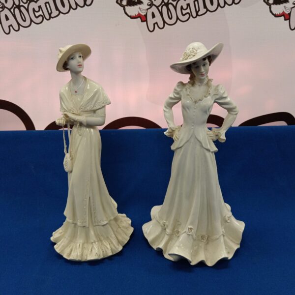 Pair of vintage Capodimonte lady figurines in elegant dresses.