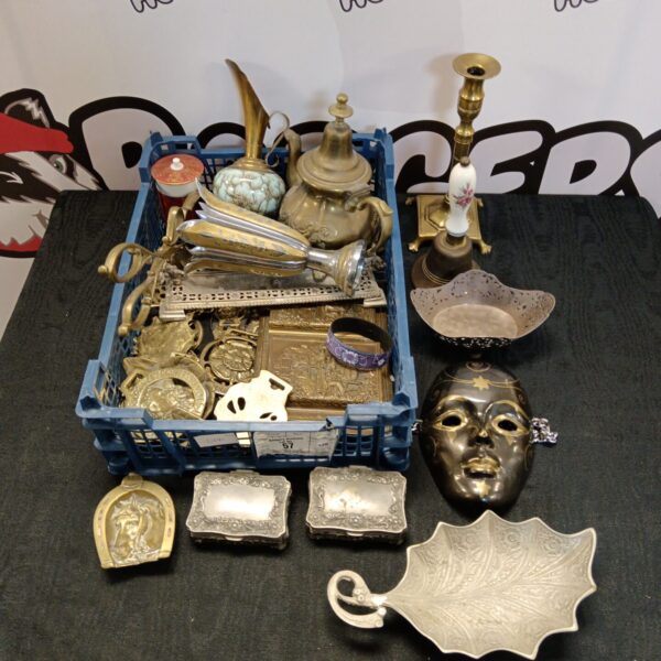 Vintage mixed brass and silver plate lot with teapot and dishes.