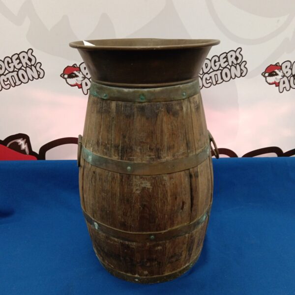 Vintage stick stand with copper top, repurposed barrel umbrella holder.